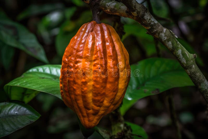 A Cacao Fruit Hanging on a Cocoa Tree Branch. Created with Generative