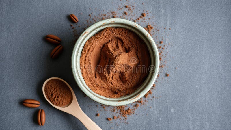 Cacaopoeder in een kom met pecannoten royalty-vrije illustratie