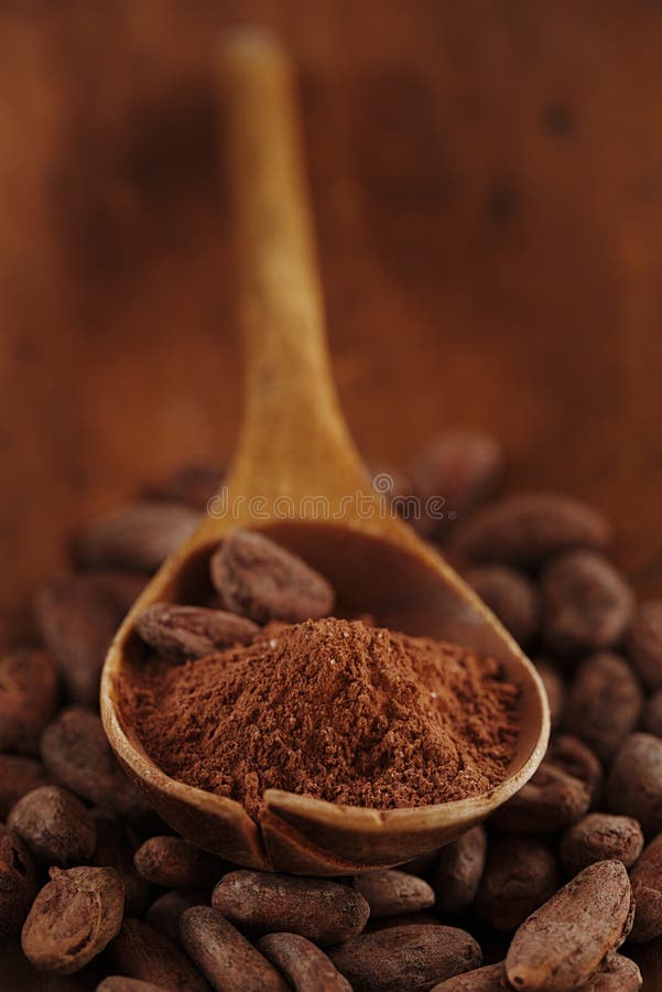 Cacaopoeder in lepel op geroosterde de bonenbackgrou van de cacaochocolade royalty-vrije stock afbeelding Cacaopoeder in lepel op geroosterde de bonenbackgrou van de cacaochocolade royalty-vrije stock afbeelding