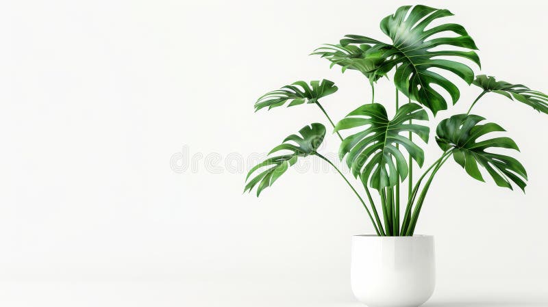 White ceramic pot with a decorative monstera tree planted in it.. AI generated. White ceramic pot with a decorative monstera tree planted in it.. AI generated