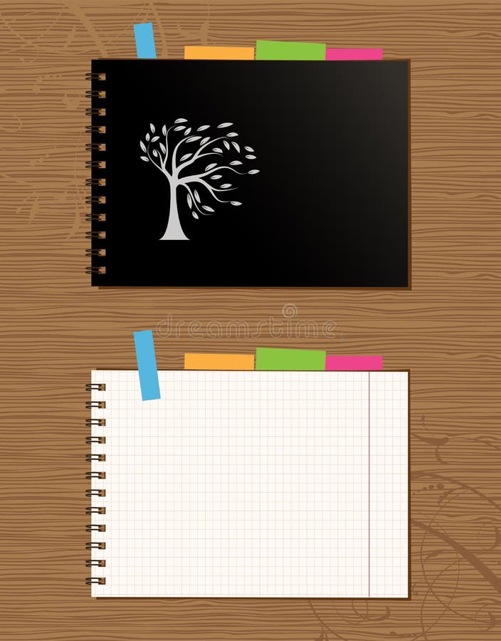 Cache de cahier et page, fond en bois illustration stock Cache de cahier et page, fond en bois illustration stock