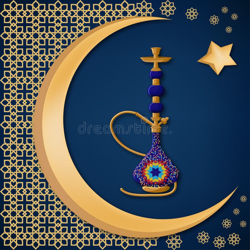 Cachimbo de água azul cerâmico turco tradicional com decoração oriental, lua, e estrela na obscuridade - fundo azul ilustração do vetor Cachimbo de água azul cerâmico turco tradicional com decoração oriental, lua, e estrela na obscuridade - fundo azul ilustração do vetor