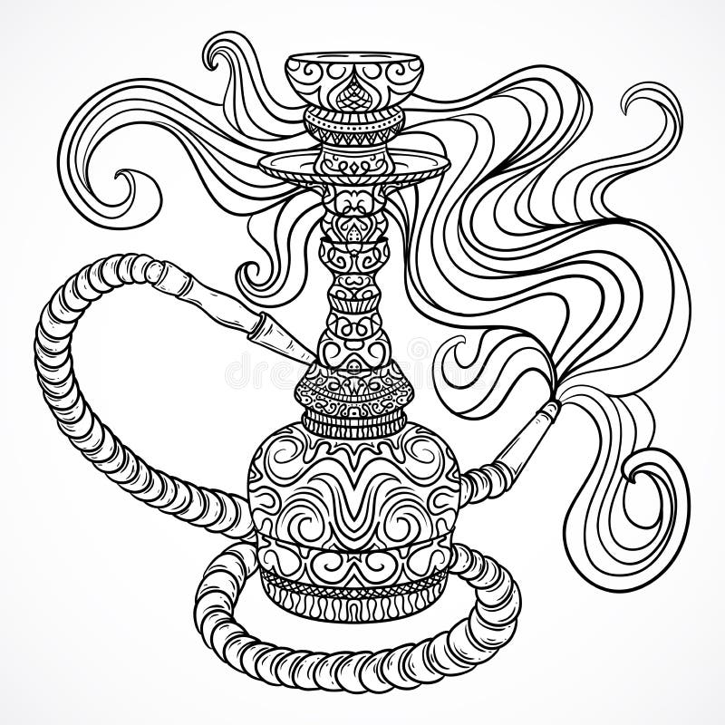 Cachimbo de água com ornamento oriental e fumo Vetor do vintage ilustração royalty free Cachimbo de água com ornamento oriental e fumo Vetor do vintage ilustração royalty free