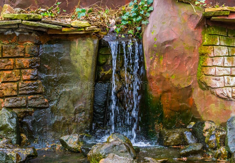 Cachoeira com ribeiro em um jardim, decorações do quintal, fluindo a água foto de stock Cachoeira com ribeiro em um jardim, decorações do quintal, fluindo a água foto de stock
