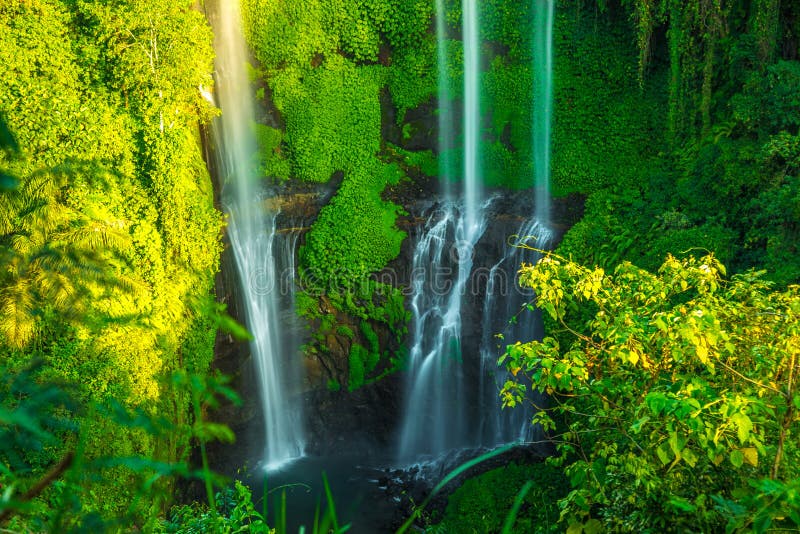 Cachoeiras tropicais de Sekumpul na ilha de Bali, Indonésia imagens de stock Cachoeiras tropicais de Sekumpul na ilha de Bali, Indonésia imagens de stock