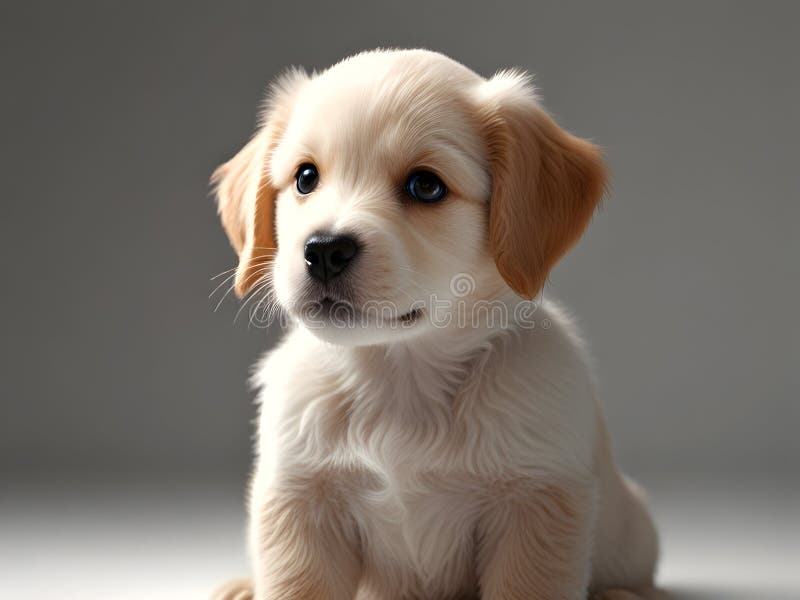 Cachorro adorable con piel clara y marrón y blanca sobre fondo gris liso que encarna la inocencia juguetona y libre illustration