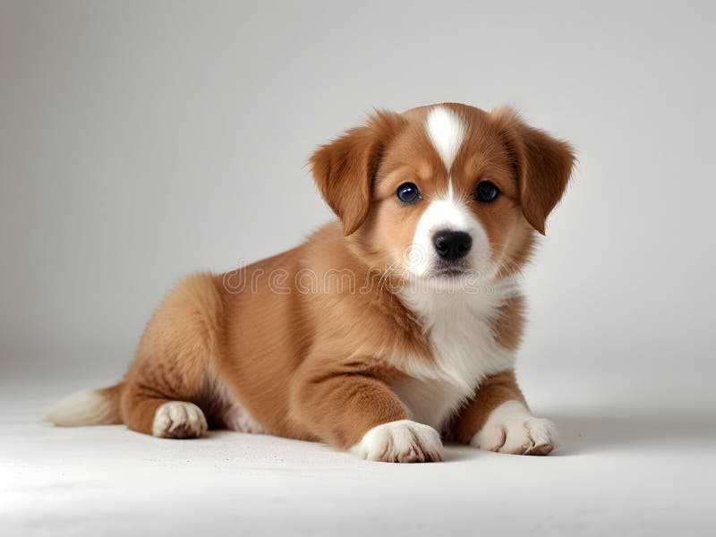 Cachorro adorable con piel clara y marrón y blanca sobre fondo gris liso que encarna la inocencia juguetona y stock de ilustración