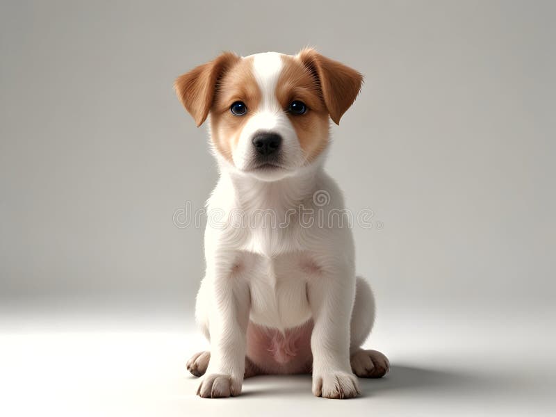 Cachorro adorable con piel clara y marrón y blanca sobre fondo gris liso que encarna la inocencia juguetona y stock de ilustración