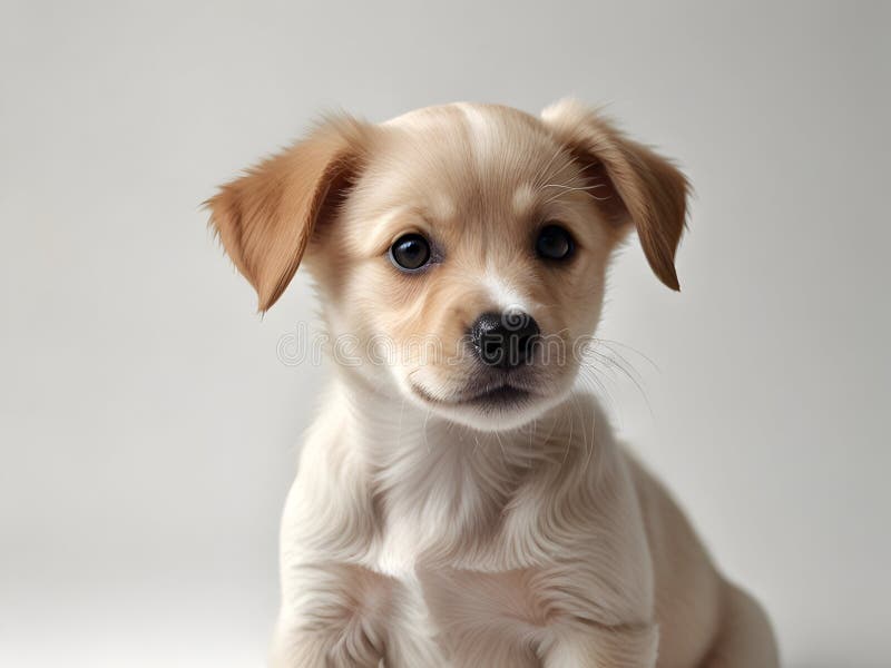 Cachorro adorable con piel clara y marrón y blanca sobre fondo gris liso que encarna la inocencia juguetona y ilustración del vector
