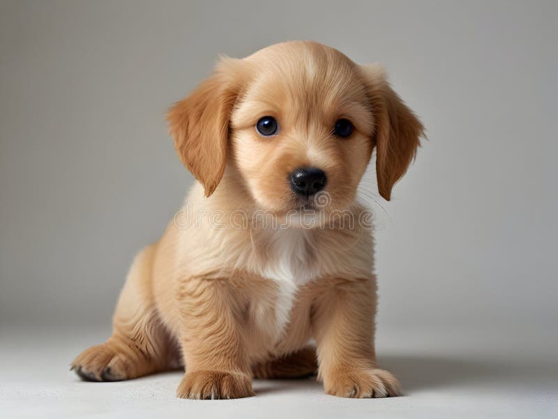 Cachorro adorable con piel clara y marrón y blanca sobre fondo gris liso que encarna la inocencia juguetona y stock de ilustración