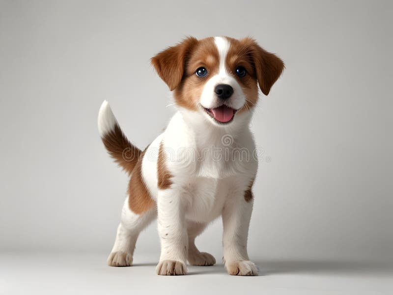 Cachorro adorable con piel clara y marrón y blanca sobre fondo gris liso que encarna la inocencia juguetona y libre illustration