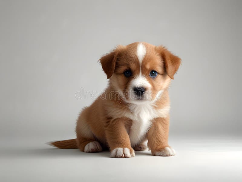 Cachorro adorable con piel clara y marrón y blanca sobre fondo gris liso que encarna la inocencia juguetona y ilustración del vector