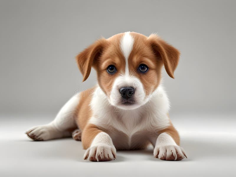 Cachorro adorable con piel clara y marrón y blanca sobre fondo gris liso que encarna la inocencia juguetona y libre illustration