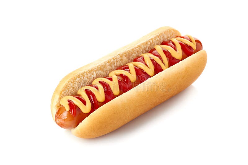 Cachorro quente com ketchup e mostarda no branco