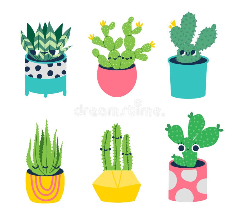 Cacto fofo com rostos. personagens de plantas de vaso suculentas de desenhos  animados com emoji. conjunto de cara engraçada de cactos tropicais em vetor  de vasos de flores. planta de casa e