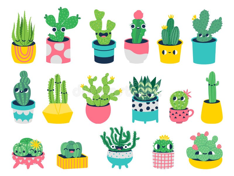 Cacto Fofo Com Rostos. Personagens De Plantas De Vaso Succulto De