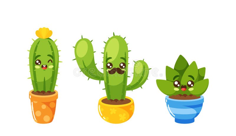 Cacto Fofo Com Rostos. Personagens De Plantas De Vaso Succulto De