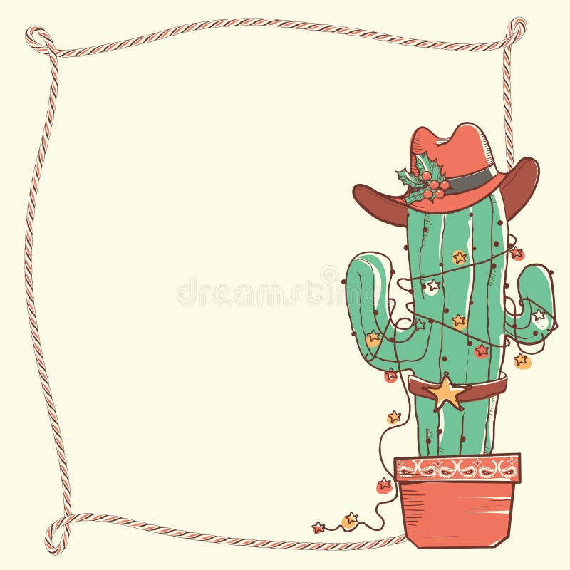 Cactus christmas with cowboy hat and lasso frame .Vector hand dr royalty free illustration Cactus christmas with cowboy hat and lasso frame .Vector hand dr royalty free illustration