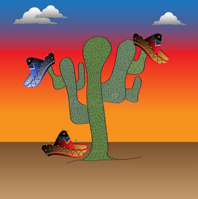 Abstraktní barevné pozadí s zelený kaktus, mraky a mexické sombreros.