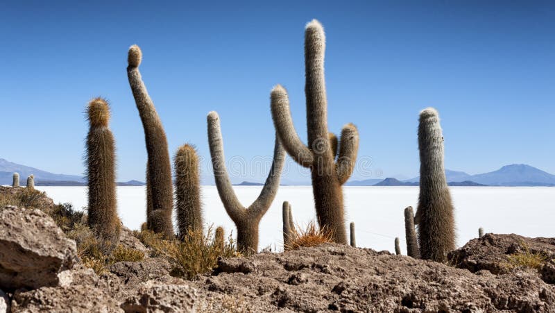 Cactus de Trichoreceus en Isla Incahuasi Isla del Pescado en el medio del llano más grande Salar de Uyuni, Bolivia de la sal del imagen de archivo Cactus de Trichoreceus en Isla Incahuasi Isla del Pescado en el medio del llano más grande Salar de Uyuni, Bolivia de la sal del imagen de archivo