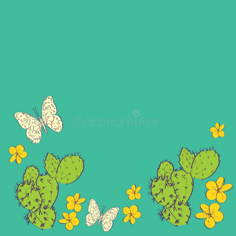 Cactus with flowers butterflies sketch, contour green orange yellow background. simple ornament, Can be used for greeting card stock illustration Cactus with flowers butterflies sketch, contour green orange yellow background. simple ornament, Can be used for greeting card stock illustration