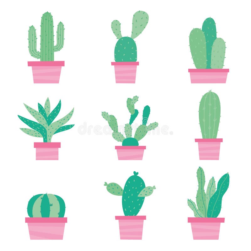 Cactus Icon Flat Design Element Plants Pot Flower Prickle Cartoon Vector