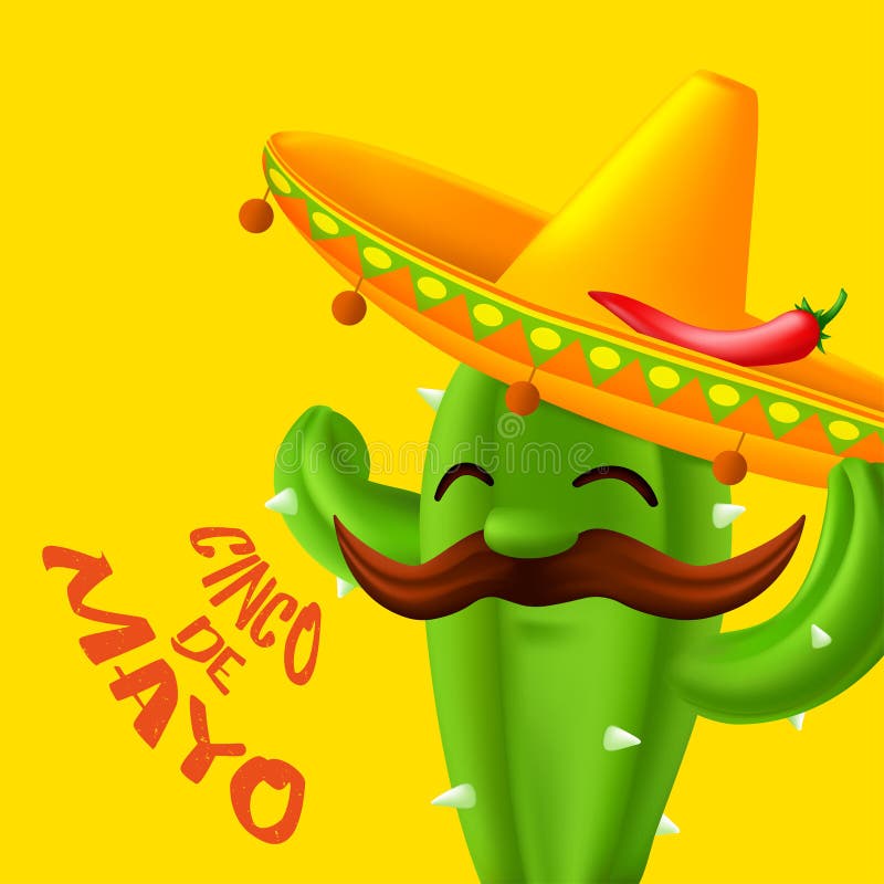 Cactus Mexicano Con Bigotes En Sombrero De Sombrero Con Chile Rojo En él.  Divertido Personaje De Dibujos Animados Aislado En Un am Ilustración del  Vector - Ilustración de carnaval, cacto: 217805314