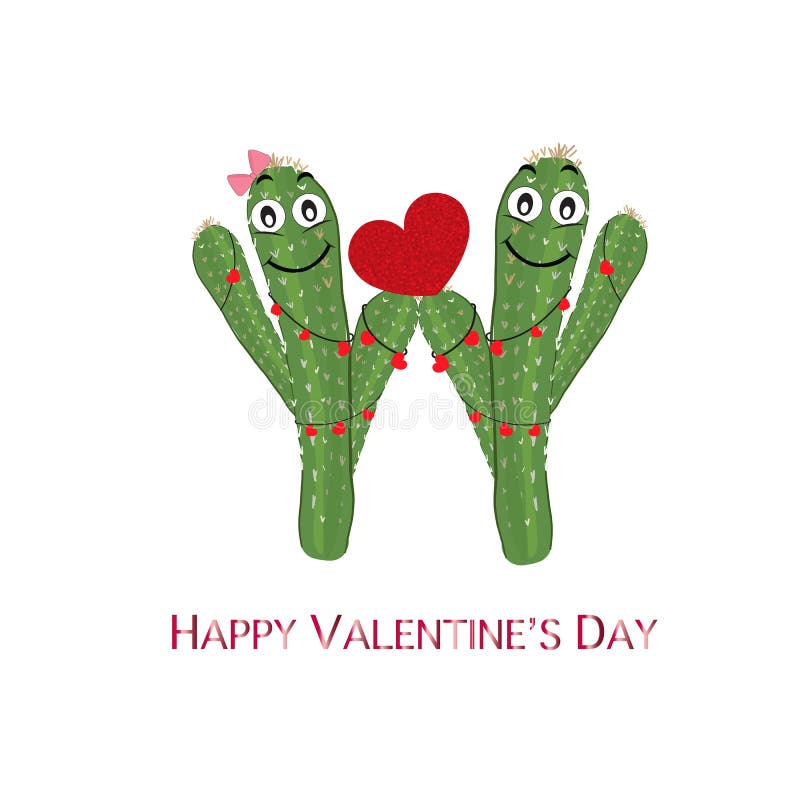 Cactus-par med strålande rött hjärta Grattis på alla hjärtans hälsningskort royaltyfri illustrationer