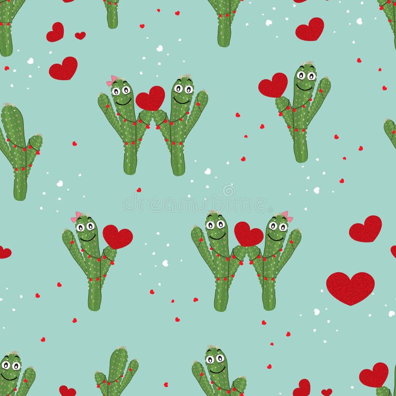 Cactus par som håller i röda hjärtan Kaktuarier och sömlösa hjärtmönster för textildesign Glad Alla hjärtans dag royaltyfri illustrationer