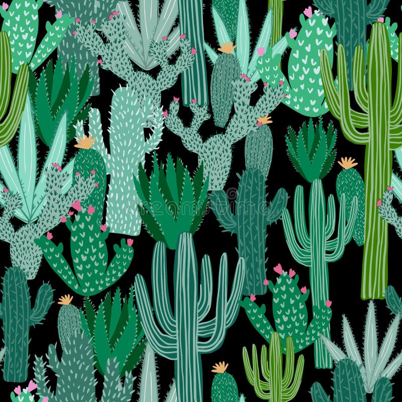Hand Drawn Cactus In Pot Seamless Pattern Doodle Exotic