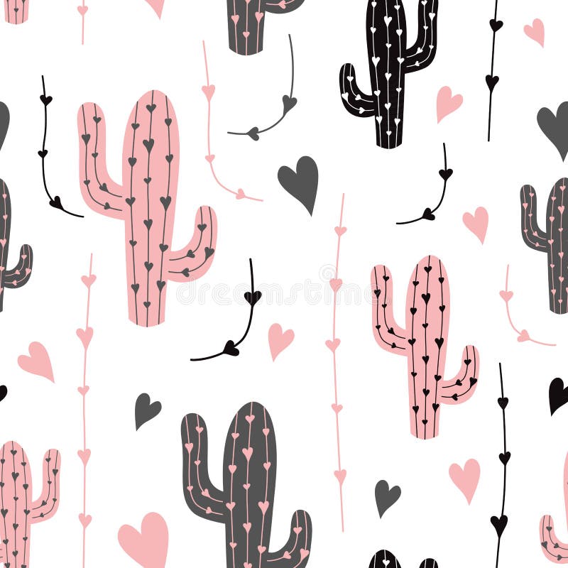 Cactus seamless pattern vector background. Vector. Black pink grey cactus on white background. Fabric print vector illustration