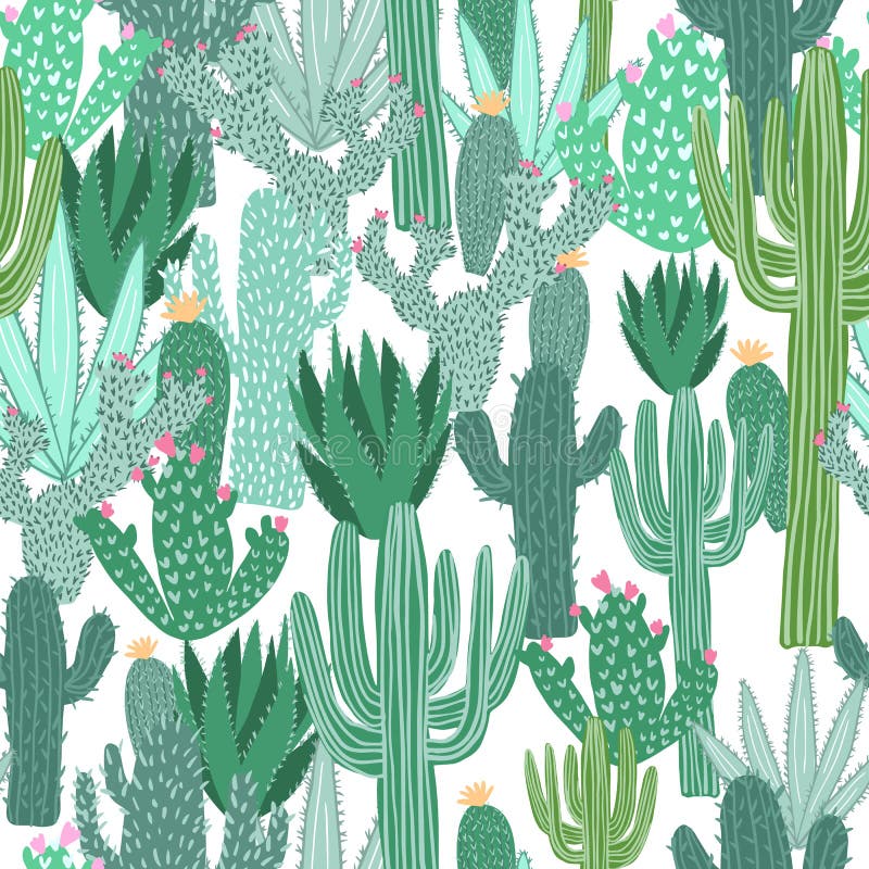 Cactus Seamless Pattern on Black Background. Green Cacti Wallpaper