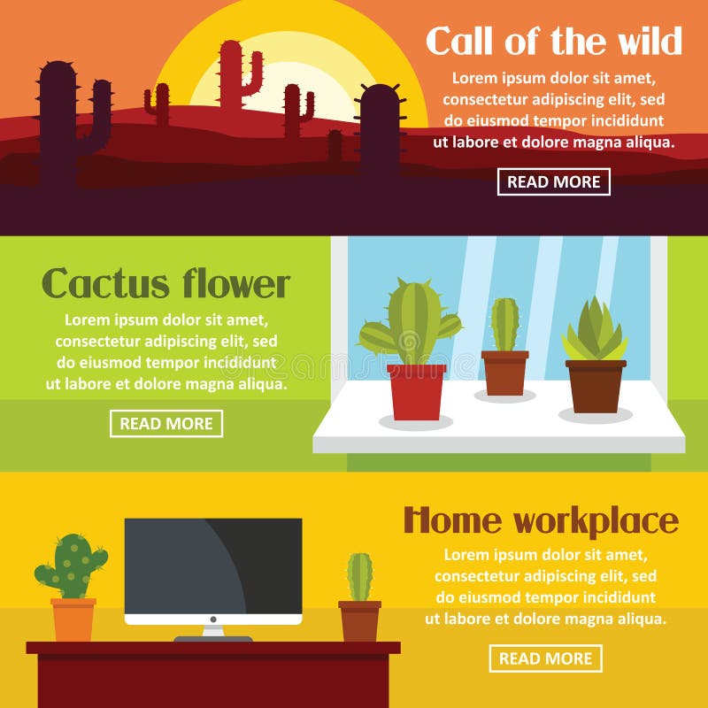 Cactus space banner horizontal set, flat style stock illustration