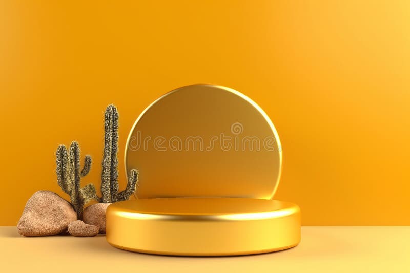 Cactus and stone decoration with glossy golden podium and round stage with lemon yellow color background minimal style trendy