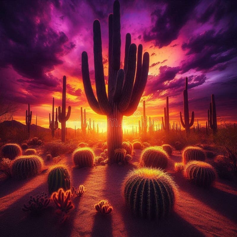 Cactus Twilight: Dramatic Desert Scene with a Vivid Sky stock illustration