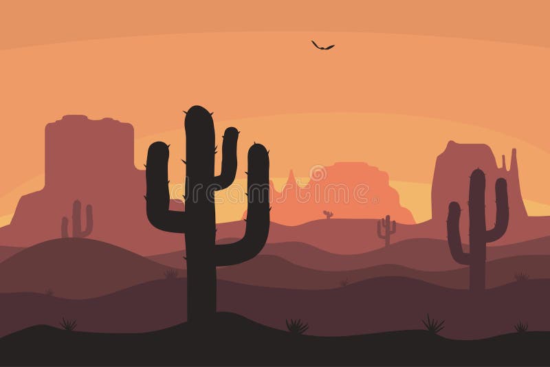 Cactuse and mountains silhouettes, desert landscape. Nature background in sunset with sand hills. Vector. stock illustration Cactuse and mountains silhouettes, desert landscape. Nature background in sunset with sand hills. Vector. stock illustration