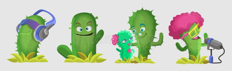 Cactuses söta Kawaii-vektordecken. växter med leende ytor. hörlurar, kaktus sings ett par kaktusar vektor illustrationer