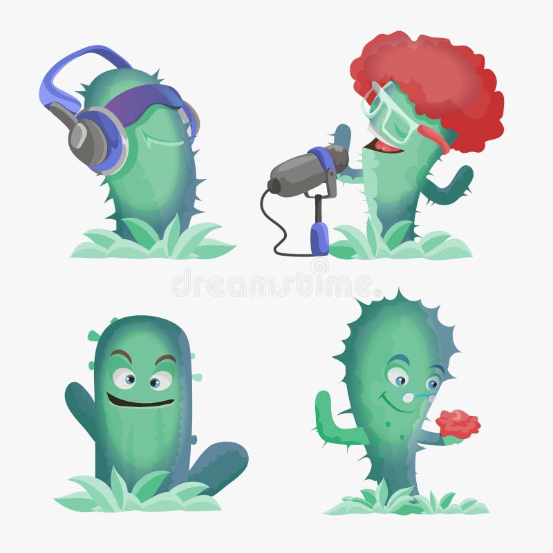 Cactuses söta Kawaii-vektordecken. växter med leende ytor. hörlurar, kaktus sings ett par kaktusar vektor illustrationer
