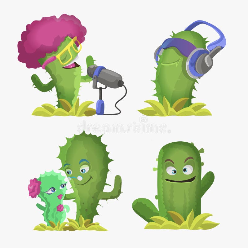 Cactuses söta Kawaii-vektordecken. växter med leende ytor. i hörlurarna, så sjunger ett par accti och roligt royaltyfri illustrationer
