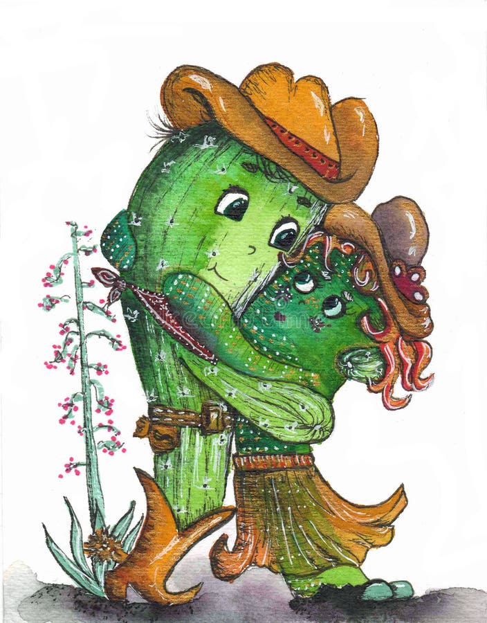 Cactut hug vattenfärgsritning. Söta tecknade kaktus par i kärleksfull lustig valentinillustration. stock illustrationer