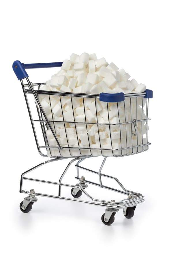 Shopping cart with sugar cubes on white background. Shopping cart with sugar cubes on white background