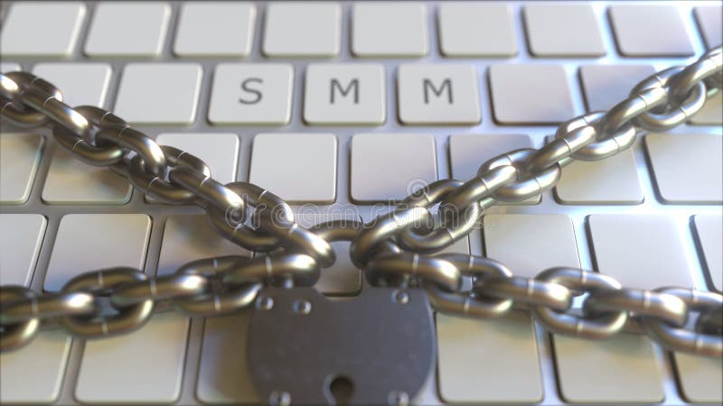 Cadeado e correntes no teclado com texto de SMM Anima?? o 3D conceptual ilustração stock