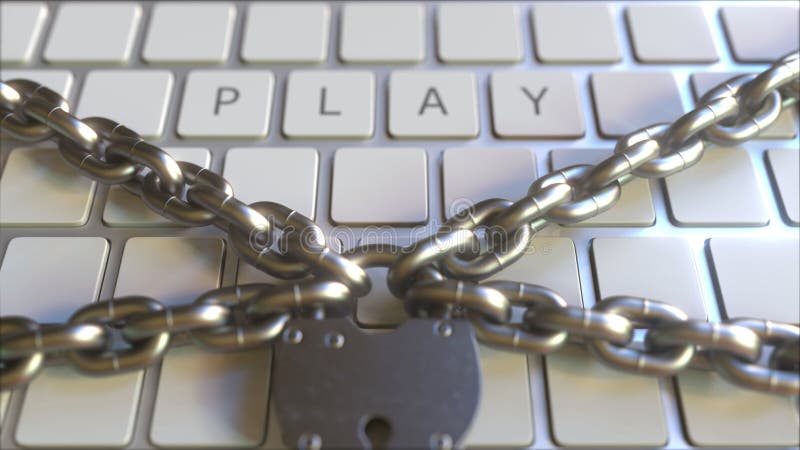Cadeado e correntes no teclado com texto do JOGO Anima?? o 3D conceptual ilustração stock