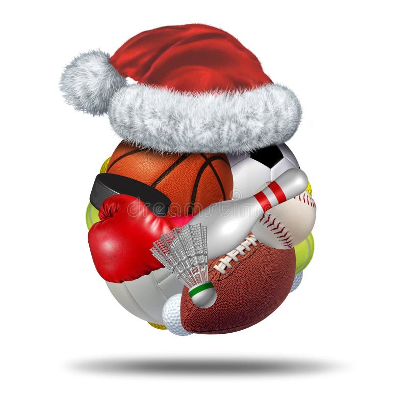 Sports Holiday gift with a christmas santa claus hat on a sphere made with a group of sport equipment as football basketball hockey golf soccer bowling tennis badminton football baseball darts and boxing on a white background. Sports Holiday gift with a christmas santa claus hat on a sphere made with a group of sport equipment as football basketball hockey golf soccer bowling tennis badminton football baseball darts and boxing on a white background.