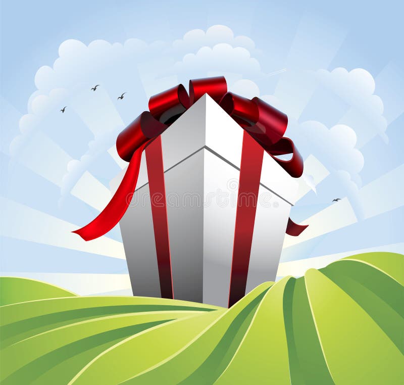 Cadeau géant dans les domaines illustration stock Cadeau géant dans les domaines illustration stock
