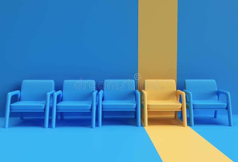 Cadeira amarela destacando-se da multidão. conceito comercial design de renderização 3d ilustração stock