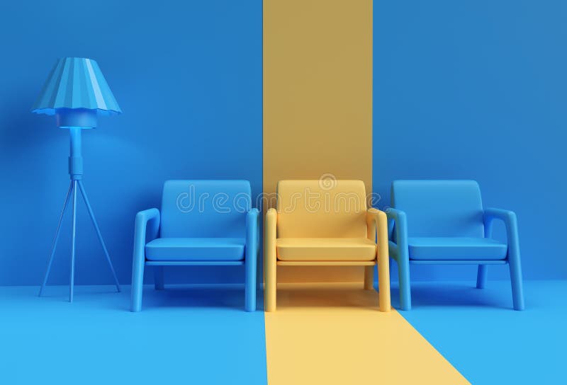 Cadeira amarela destacando-se da multidão. conceito comercial design de renderização 3d ilustração do vetor
