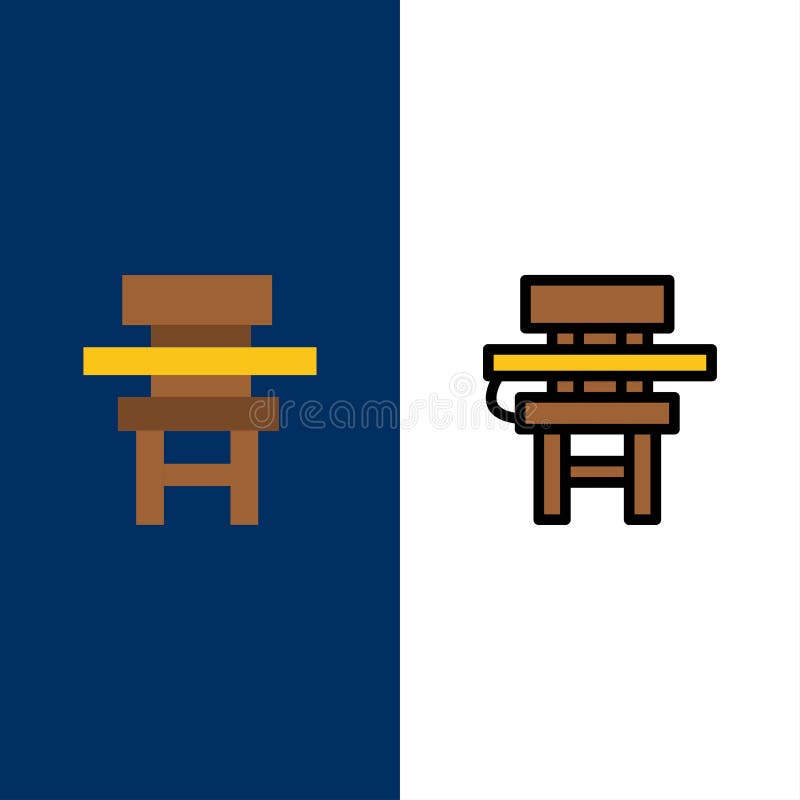Cadeira, classe, mesa, educação, ícones da mobília O plano e a linha ícone enchido ajustaram o fundo azul do vetor ilustração stock Cadeira, classe, mesa, educação, ícones da mobília O plano e a linha ícone enchido ajustaram o fundo azul do vetor ilustração stock