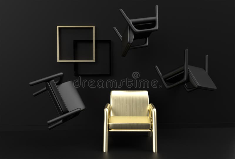 Cadeira de ouro em destaque na multidão. conceito comercial design de renderização 3d ilustração stock