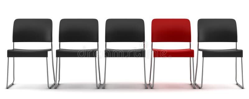 Cadeira vermelha entre as cadeiras pretas isoladas no branco foto de stock Cadeira vermelha entre as cadeiras pretas isoladas no branco foto de stock